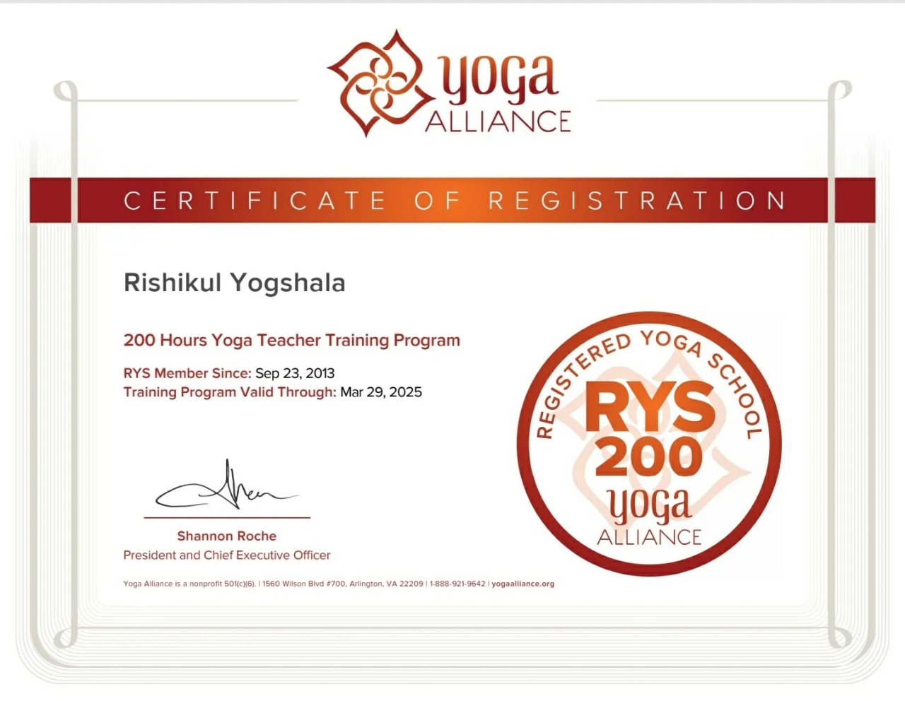 Yoga Alliance RYS 200 Certificate