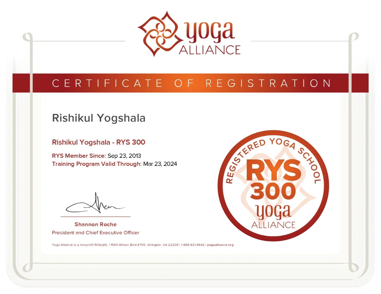 Yoga Alliance RYS 300 Certificate